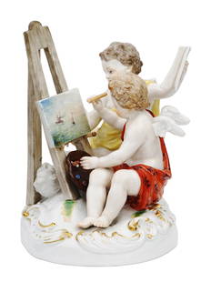 ANTIQUE MEISSEN PORCELAIN FIGURINE CUPIDS PAINTING: An antique German Meissen porcelain figural group representing an allegory of visual arts. The group depicts two cupids painting a seascape. Designed by Johann Joachim Kandler, 1706 to 1775. Johann Jo