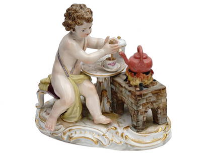 ANTIQUE GERMAN MEISSEN CUPID CHOCO PORCELAIN FIGURE: An antique German Meissen hand painted polychrome porcelain figure. The figure depicts a cherub or putti with a tea making a hot chocolate representing the Fire, from the series The Four Elements. Cir