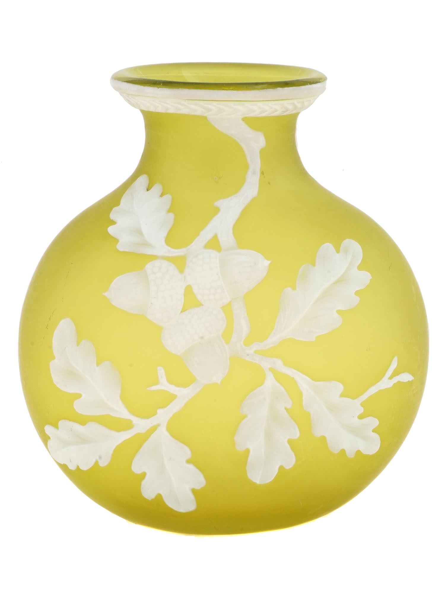 ANTIQUE CAMEO GLASS VASE ATTR TO THOMAS WEBB SONS: An antique English lemon yellow cameo glass vase attributed to Thomas Webb and Sons. The globular shaped vase is made of frosted yellow glass, featuring an opaque white overlay with acorn branches, an