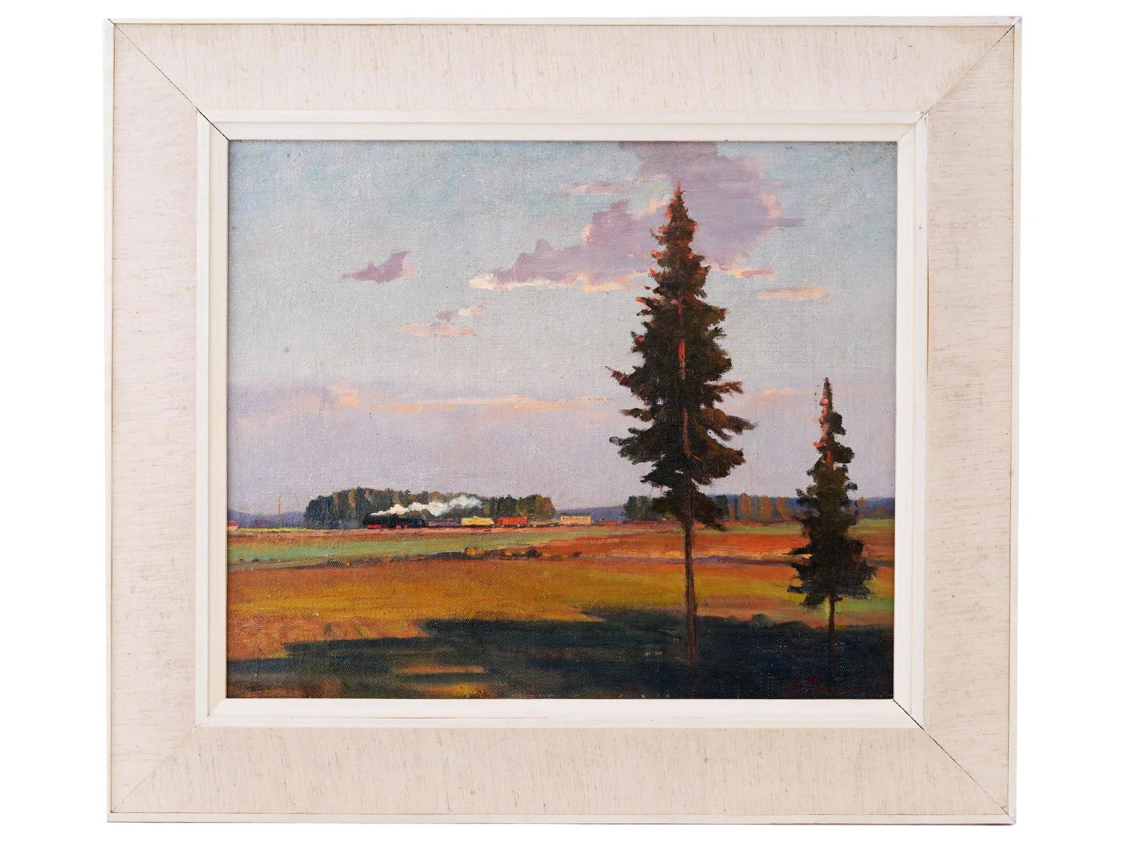 RUSSIAN BELARUSIAN SOVIET OIL PAINTING BY GEORGIY NISSKY: Georgiy Nissky, Belarusian, Soviet era, 1903 to 1987, oil painting on canvas mounted on board, Railway. Signed lower right. Probably inscribed, lower left. Framed. Georgiy Nissky is known for Industri