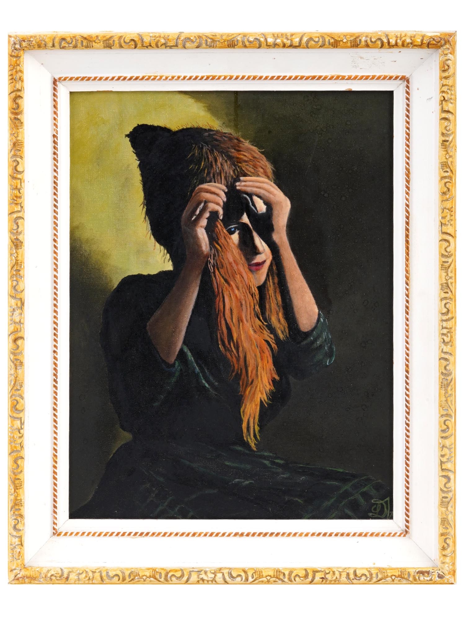 1974 FEMALE PORTRAIT OIL PAINTING BY LAURA DALY: Oil on board painting. The artwork depicts a red-haired woman combing. Signed by the artist in the lower right and on the backside, Laura A. Daly. Titled Woman Grooming Hair and dated 1974 on the back