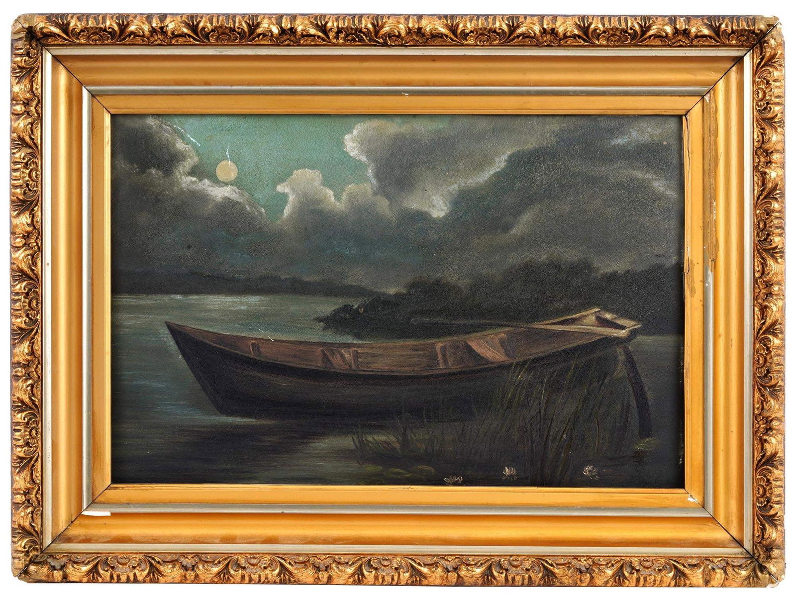 1900S NIGHT LANDSCAPE PAINTING BY MARGOT STARK: Oil on board painting. American, early 1900s. The artwork depicts a night view of a boat on the river with the full moon in the sky. Dated and signed on the backside, Margot Stark, Mrs. James Berenson