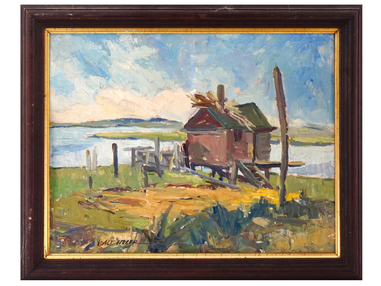 AMERICAN LANDSCAPE OIL PAINTING BY WALTER HUBER: Walter Huber, American, 1886 to 1961, oil painting on board depicting a rural landscape. Signed lower left. Framed. Walter Huber is known for Sports cartoon, figure, landscape. Studied: Pennsylvania A