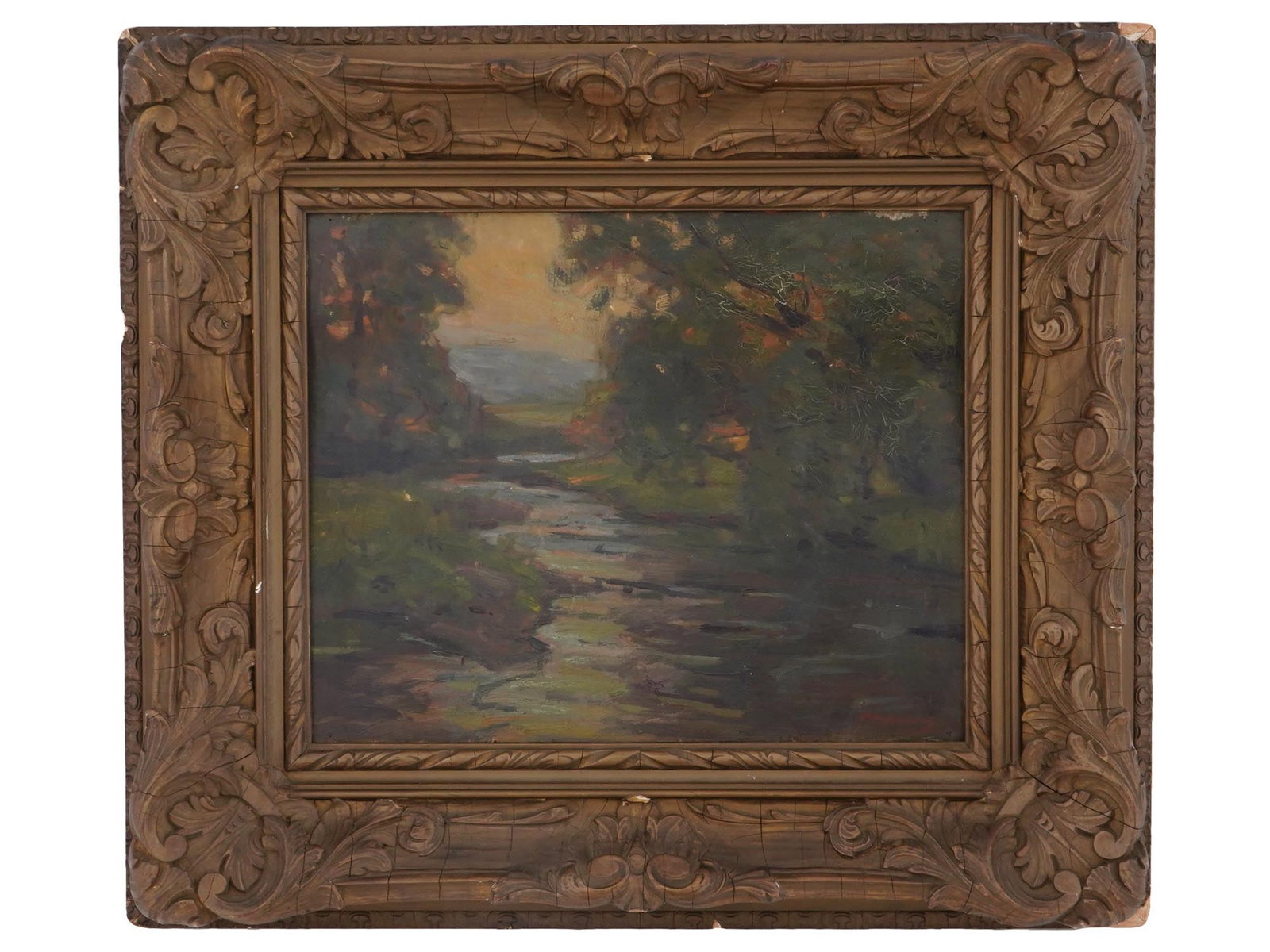 AMERICAN LANDSCAPE OIL PAINTING BY FRANK HUTCHENS: Oil on canvas painting by Frank Townsend Hutchens, 1869 to 1937, an American painter. The artwork depicts a forest view. Signed by the artist in the lower right. Carved wooden frame. Collectible Figur