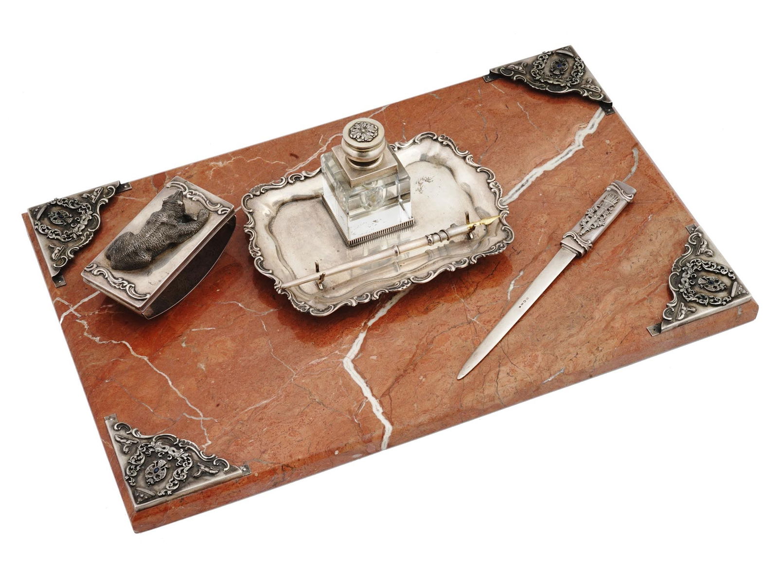 RUSSIAN SILVER AND RED MARBLE DESK WRITING SET (1 of 12)