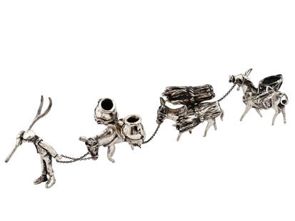 MINIATURE ITALIAN STERLING SILVER FIGURAL GROUP: A miniature Italian Sterling Silver figural group. The figural group depicts a framer and a group of donkeys in harness. The wares are marked with a standard 925 Sterling Silver hallmark, a 235 hallma