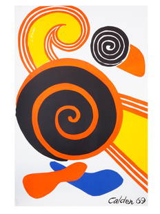 AMERICAN COLOR LITHOGRAPH SPIRALS BY ALEXANDER CALDER: Alexander Calder, American, 1898 to 1976, lithograph in colors titled Spirals, 1969. Signed and dated by the artist lower right. Alexander Calder was a sculptor known both for his innovative mobiles t