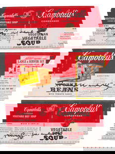 THREE SIGNED CAMPBELLS CAN LABELS BY ANDY WARHOL: A collection of three original paper labels of Campbells soup can. Each is with an autograph of Andy Warhol, American, 1928 to 1987, signed with a black marker. One is inscribed, on the backside. Circ