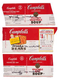 THREE SIGNED CAMPBELLS CAN LABELS BY ANDY WARHOL: A collection of three original paper labels of Campbells soup can. Each is with an autograph of Andy Warhol, American, 1928 to 1987, signed with a black marker. One is inscribed, on the backside.