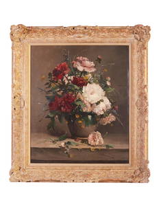 EUGENE HENRI CAUCHOIS 19TH C FRENCH OIL PAINTING: Eugene Henri Cauchois, French, 1850 to 1911, an antique oil on canvas painting Still Life with peonies and other flowers. Signed by the artist lower right. Housed in a richly decorated gilt wood and