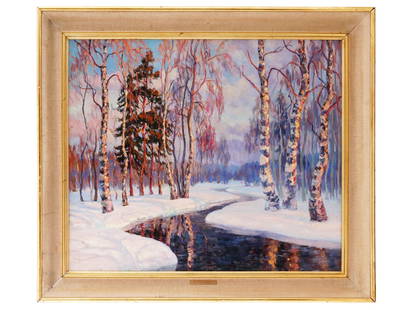 MIKHAIL GERMACHEV RUSSIAN IMPRESSIONIST OIL PAINTING: Mikhail Markianovich Germachev, Russian, French, 1868 to 1930, an Impressionist oil on board painting depicting a winter landscape. Housed in a decorative gilt frame with a linen insert and has an att