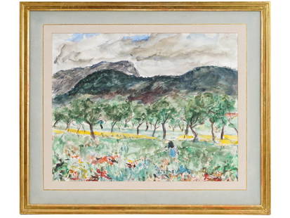 FRENCH WATERCOLOR PAINTING MAJORCA BY PAUL MAZE: A watercolor on paper painting by Paul Lucien Maze, 1887 to 1979. The artwork depicts a rural landscape with a peasant woman and mountains in the distance. Signed by the artist lower left. Titled, Maj