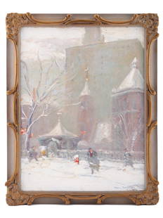 JOHANN BERTHELSEN MID CENT AMERICAN OIL PAINTING: Johann Berthelsen, American, 1883 to 1972, an oil on canvas laid on board painting Little Church Around the Corner, Winter, New York. Signed by the artist lower right. Housed in a beautifully ornate w