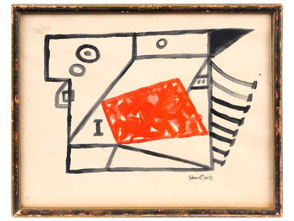 AMERICAN MODERN OIL PAINTING BY STUART DAVIS: Stuart Davis, American, 1892 to 1964, a modernist oil painting on paper painting depicting an abstract composition in black and red colors. Signed, Stuart Davis, lower right. Framed. Provenance: The p