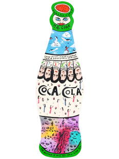 HOWARD FINSTER MIXED MEDIA ON BOARD ARTWORK MR COKE: Howard Finster, American, 1916 to 2001, color paint and marker on shaped panel artwork Mr. Coke, modeled as a Coca-Cola bottle, painted with colorful patterns and handwritten inscriptions. Titled, End