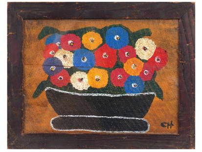 CLEMENTINE HUNTER AMERICAN OIL ON BOARD PAINTING: Clementine Reuben Hunter, American, 1887 to 1987, oil on board painting depicting a bright folk style floral still life with a bouquet of flowers on an orange ground. Signed with an artists initials l