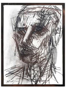 ATTR TO ALBERTO GIACOMETTI STUDY CHARCOAL DRAWING: Charcoal on paper drawing attributed to Alberto Giacometti, 1901 to 1966, a Swiss-French Modernist sculptor known for his surreal elongated figural artworks. The drawing depicts an abstract male portr