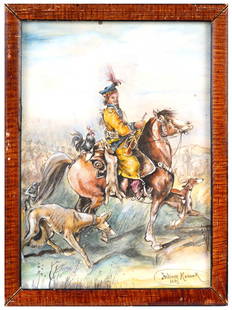 1885 POLISH WATERCOLOR PAINTING BY JULIUSZ KOSSAK: Juliusz Fortunat Kossak, Polish, 1824 to 1899, watercolor painting on paper depicting a military horseback portrait, 1885. Signed and dated lower right. Framed. Juliusz Kossak is known for History pai