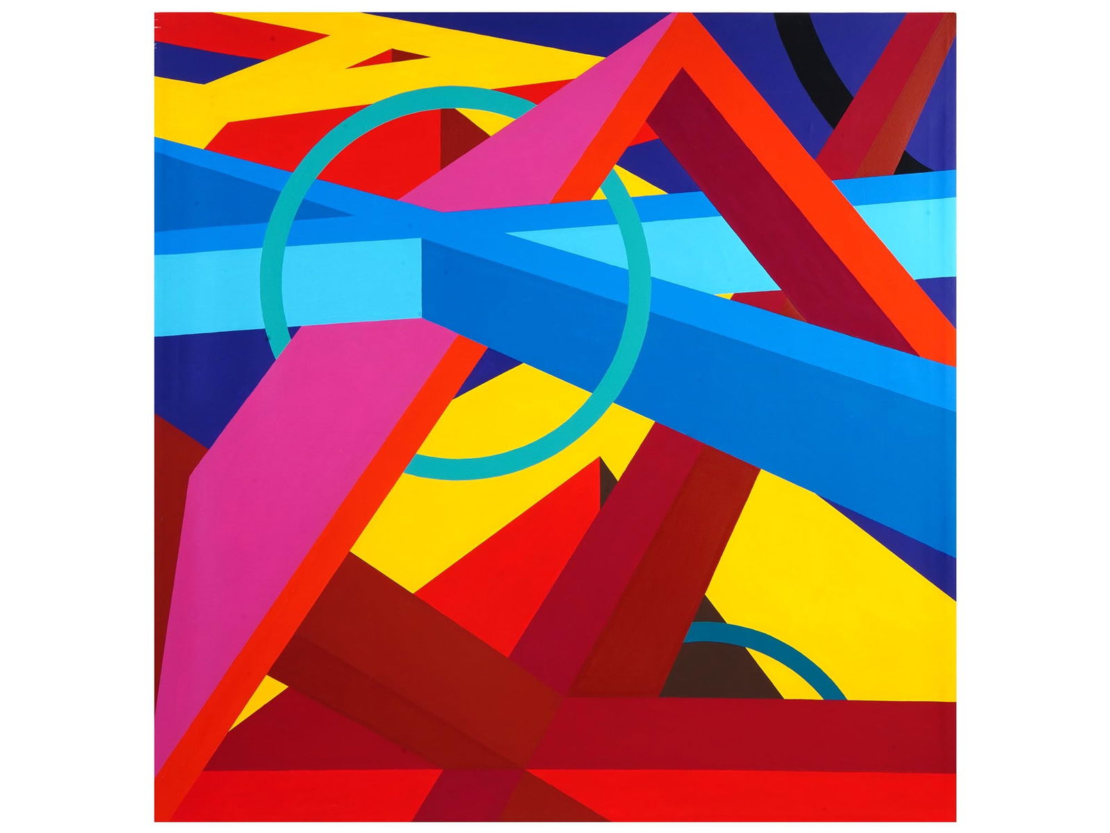 ACRYLIC ON CANVAS ABSTRACTION PAINTING BY AL HELD: Al Held, American, 1928 to 2005, an acrylic on canvas painting Centauri IV depicting a brightly-colored and hard-edged abstract geometric composition, 1990. Signed and dated verso. Features an Andre E