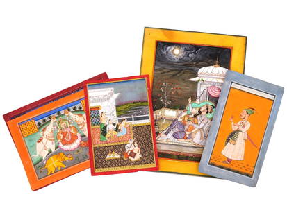 ANTIQUE INDIAN MUGHAL EMPIRE MINIATURE PAINTINGS: A lot of antique Indian miniature paintings. Late Mughal Empire period, 18th to 19th century. Watercolor on paper. A total of 5 pieces created by artists of various painting schools. Pahari school, Nu