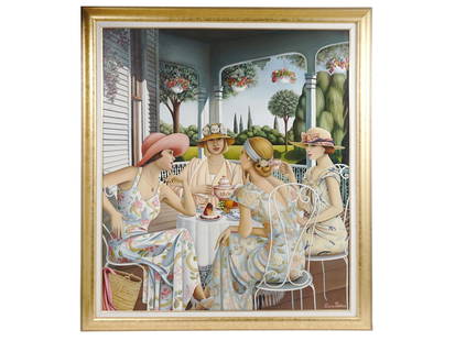 CONTEMPORARY CANADIAN OIL PAINTING BY LIANE ABRIEU: Oil on canvas painting by Liane Abrieu, born 1947, a Canadian Surrealist artist. The artwork depicts a group portrait of four women drinking tea on the veranda. Signed by the artist in the lower right