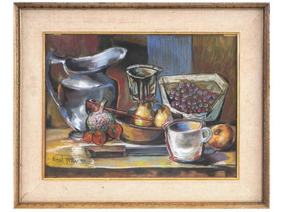 CZECH STILL LIFE PASTEL PAINTING BY EMIL FILLA: Emil Filla, Czech, French, 1882 to 1953, pastel painting on board depicting a still life with dishes and fruits, 1943. Signed lower left. Framed. Emil Filla is known for Cubist still life painting and
