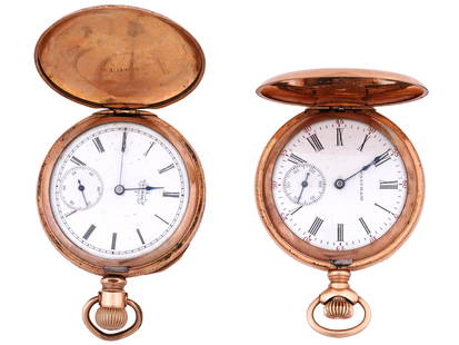 ANTIQUE 10K GOLD FILLED POCKET WATCHES BY ELGIN WALTHAM: A pair of antique 1900s pocket watches. 10K gold-filled classic hunter cases with etched and partially colored floral ornaments, white enamel dials with sub-dial and Roman numerals. The first is marke