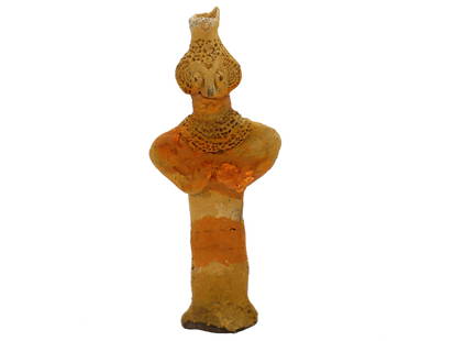 ANCIENT SYRIAN HITTITE TERRACOTTA IDOL 1800 BC: An ancient hand-built pottery female fertility idol, Near East, Northern Syria, Syro-Hittite, ca.1800 B.C. The idol most likely represents the goddess Astarte, modeled with a characteristically column