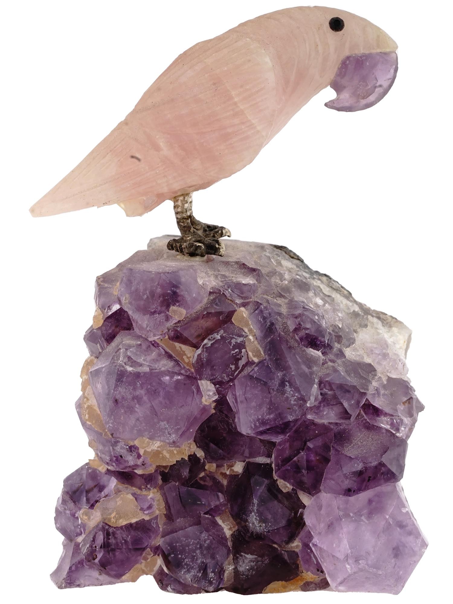 CARVED ROSE QUARTZ AMETHYST SILVER BIRD FIGURINE (1 of 6)