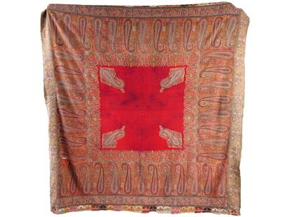 ANTIQUE 19TH CENTURY INDIAN KASHMIR SHAWL: An antique Indian Kashmir shawl characterized by its elaborately detailed patterns, intricate embroidery, and rich colors. Kashmir shawls, often referred to as Pashmina shawls, are renowned for their