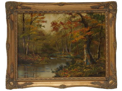 FOREST RIVER LANDSCAPE PAINTING BY EMILE GRUPPE: Oil on canvas painting by Emile A. Gruppe, 1896 to 1978, an American Impressionist painter. The artwork depicts a forest river during fall season. Signed by the artist in the lower right. Golden frame