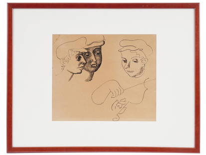 ATTR TO MARC CHAGALL INK DRAWING OF A VIOLINIST: Ink drawing on paper. The sketch depicts a boy playing the violin with two listeners. Unsigned. Attributed to Marc Chagall, 1887 to 1985, a Russian-French Modern artist of Jewish descent. White mat, w