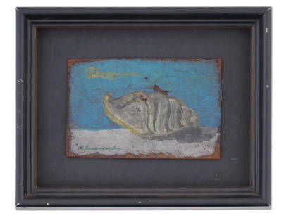 AMERICAN OIL PAINTING BY GERTRUDE ABERCROMBIE: Oil on board painting by Gertrude Abercrombie, 1909 to 1977, an American painter based in Chicago famous for her bohemian lifestyle. The artwork represents a seashell. Signed by the artist in the