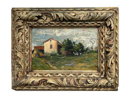 CHAIM SOUTINE PAYSAGE MAISON RUSSIAN OIL PAINTING: Chaim Soutine, Russian, Jewish, French, 1893 to 1943, Expressionist style oil on canvas landscape painting Paysage Maison. Signed by the artist lower right. Housed in an old gilt wood and gesso