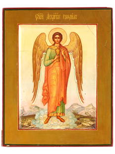 ANTIQUE RUSSIAN ICON OF ARCHANGEL RAFAEL SIGNED: An antique late 19th-century Russian Orthodox icon by Vasily Gurianov, 1867 to 1920, a Russian court icon painter and restorer. The icon represents Archangel Rafael. Mixed media painting: egg