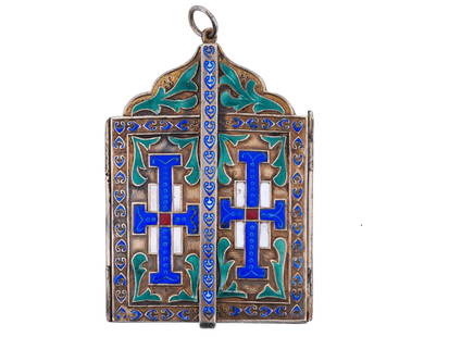 RUSSIAN SILVER ENAMEL HAND PAINTED ICON PENDANT: An antique late 19th to early 20th-century Russian icon locket pendant. A hand-painted tryptich on wood enclosed in silver framing with polychrome cloisonne enamel decor. The icons depict Mother of Go