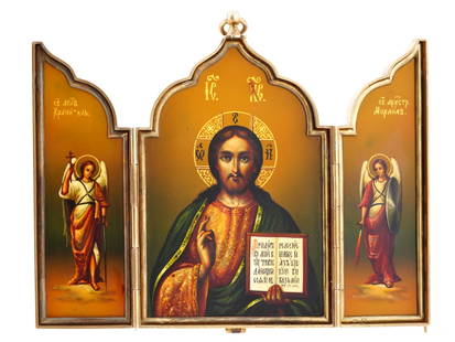 ANTIQUE RUSSIAN ORTHODOX GILT SILVER TRIPTYCH ICON: A highly collectible antique Russian Orthodox silver-mounted triptych travel folding icon, skladen. Finely hand-painted with the image of Jesus Lord Almighty to the center, the Guardian angel and Arch