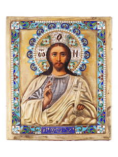 ANTIQUE 19TH C RUSSIAN SILVER ENAMEL CHRIST ICON: An antique 19th-century Russian Orthodox icon representing Christ Pantocrator. Egg tempera painting on gesso and wood with silver gilt riza or oklad featuring hand-chased and polychrome cloisonne