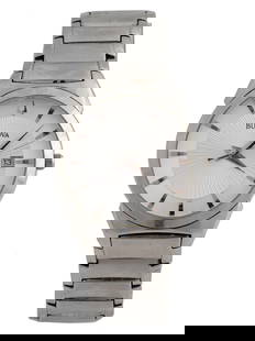 VINTAGE BULOVA CLASSIC STAINLESS STEEL WRISTWATCH: A vintage stainless steel mens analog wristwatch by Bulova. Model 96B015. Japanese quartz movement. Round bezel with single crown, white guilloche dial with silver baton index, date window and hallmar