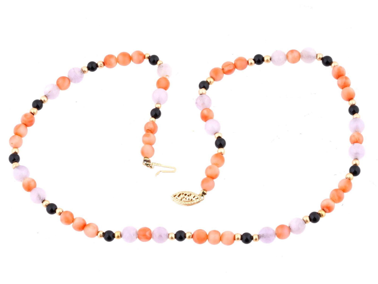 14K GOLD CORAL ONYX AND LAVENDER JADE NECKLACE (1 of 4)