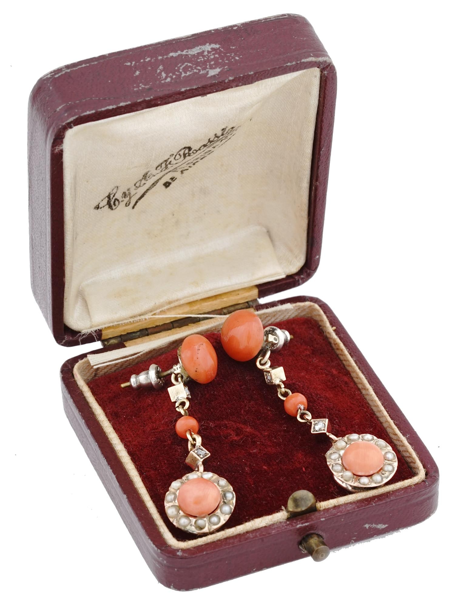 ANTIQUE STERLING CORAL SEED PEARL DANGLE EARRINGS (1 of 3)