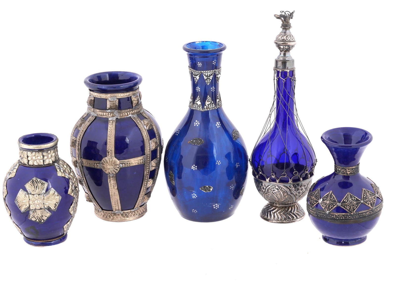 VINTAGE ISLAMIC BLUE GLASS CERAMIC VASES AND DECANTERS (1 of 5)