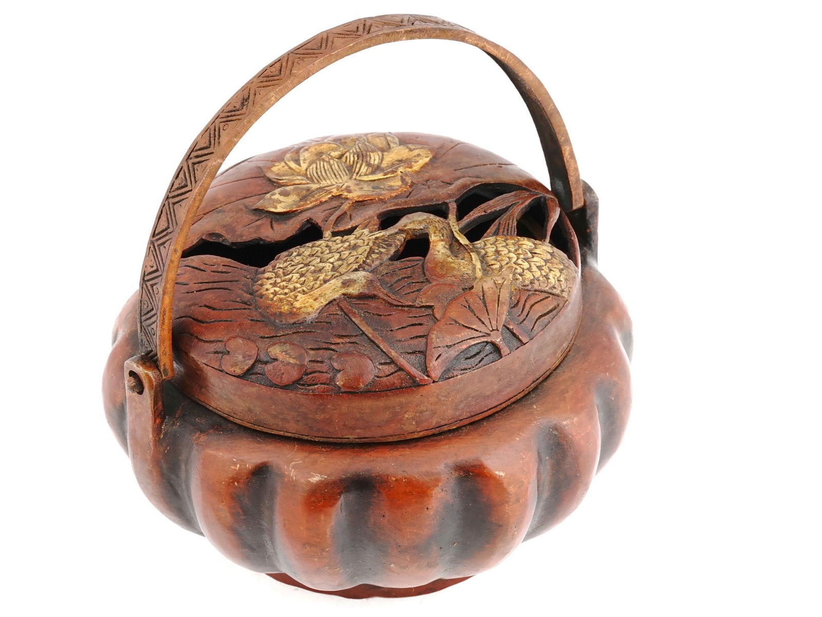 VTG JAPANESE BRONZE INCENSE BURNER W LOTUS AND DUCKS (1 of 9)