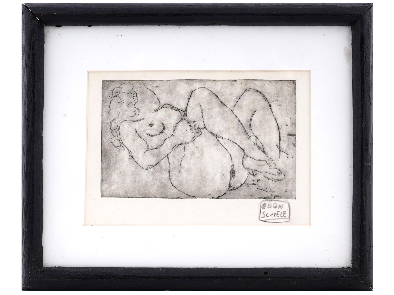 AUSTRIAN NUDE FEMALE FIGURE ETCHING BY EGON SCHIELE: Egon Schiele, Austrian, 1890 to 1918, etching depicting a reclining nude female figure. Signed lower right. Framed. Egon Leo Adolf Ludwig Schiele was an Austrian Expressionist painter. His work is not