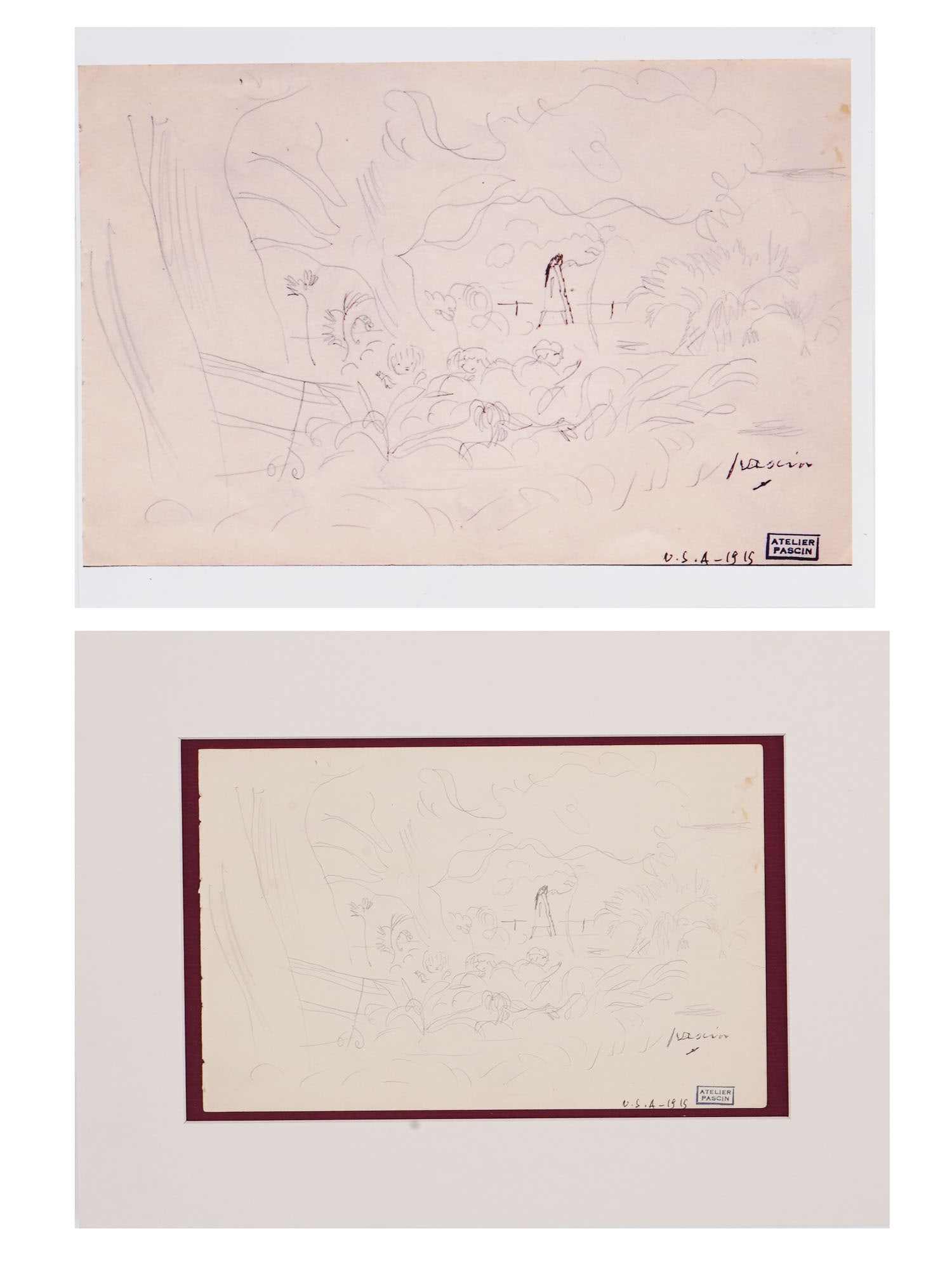 1915 SCHOOL OF PARIS PENCIL PAINTING BY JULES PASCIN: Jules Pascin, Bulgarian, American, French, 1885 to 1930, pencil painting on paper, Kindergarten, 1915. Signed, inscribed, U.S.A., dated, and stamped, Atelier Pascin, lower right. Handwritten annotatio