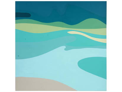 ABSTRACT ACRYLIC PAINTING BY HELEN LUNDEBERG 1970: Helen Lundeberg, American, 1908 to 1999, an acrylic on canvas painting depicting an abstract Surrealist composition in blue and green colors. Signed and dated, Lundeberg 1970, on the reverse, also sig