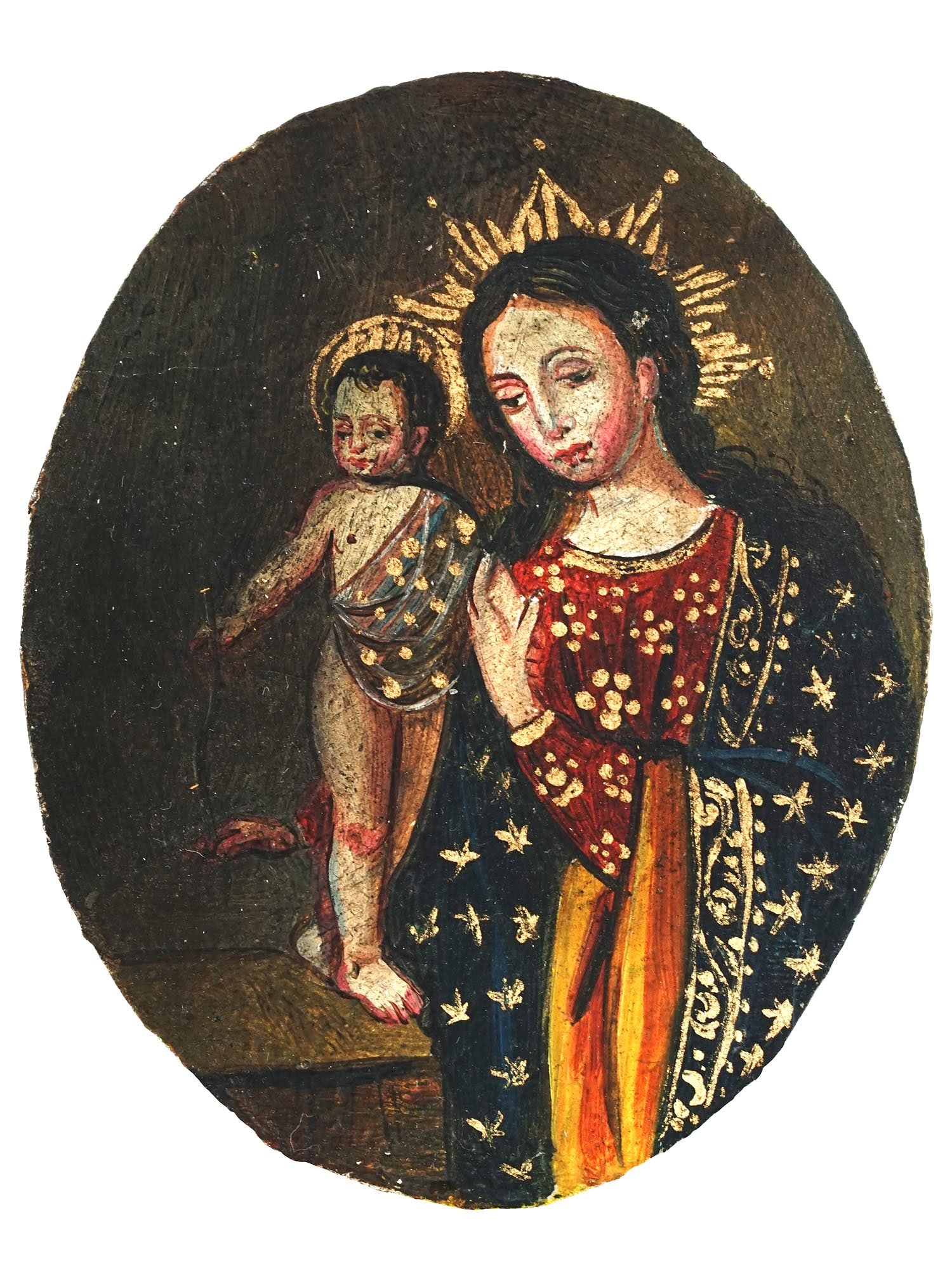 ANTIQUE 18TH C MEXICAN PAINTED RELIQUARY MEDALLION: An antique Mexican Novohispanic school miniature oval medallion for a reliquary, hand painted on an iron plate with a vibrant image of the Blessed Virgin Mary with the Child Jesus. Beautifully detaile