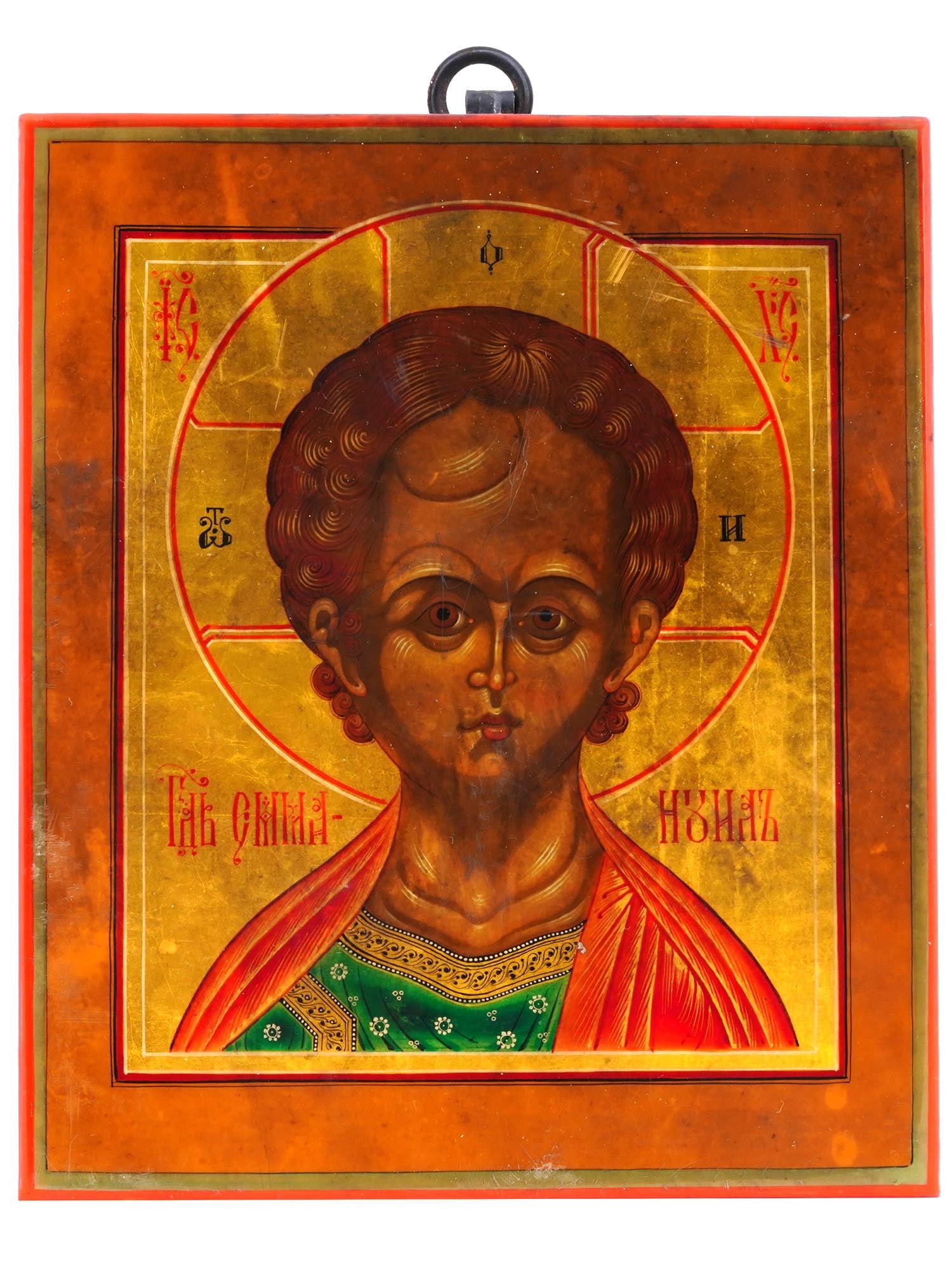 ANTIQUE RUSSIAN ORTHODOX ICON OF SAVIOR EMMANUEL: An antique Russian Orthodox icon of the Savior Emmanuel. Mixed media painting: egg tempera, gesso, and levkas on a wood board. Iconography of Palekh. Titled in Church Slavonic upper and to the center