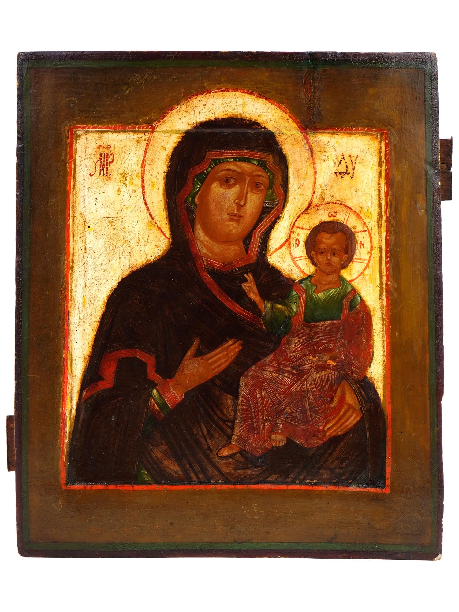ANTIQUE RUSSIAN ICON SMOLENSK MOTHER OF GOD: An antique 19th-century Russian Orthodox icon of Smolensk Mother of God. Mixed media painting: egg tempera, gesso, and levkas on a wood board. Mother of God of Smolensk is a highly venerated Orthodox