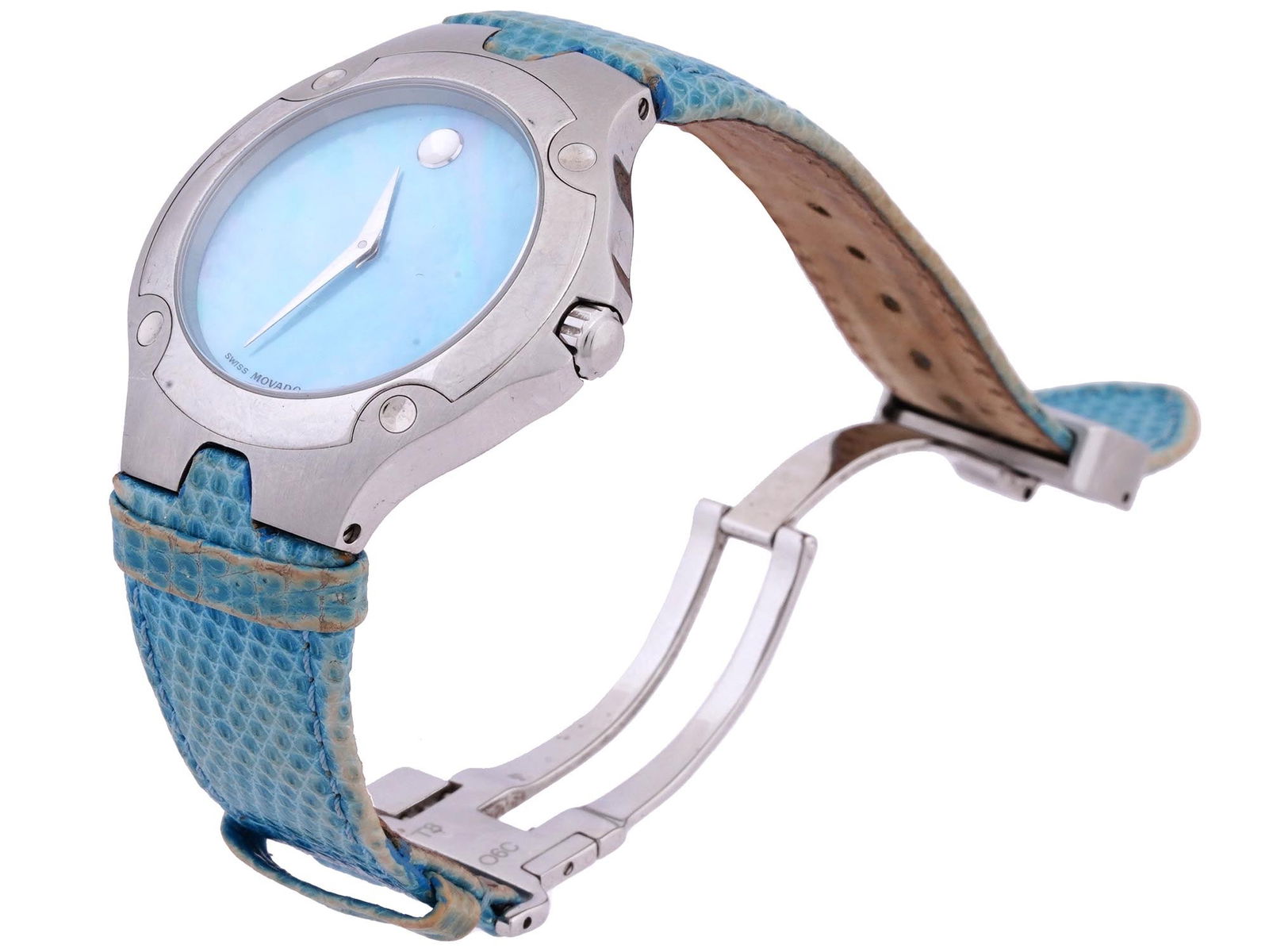 MOVADO SPORTS EDITION STAINLESS STEEL WRIST WATCH: A vintage wristwatch by Movado. Sports Edition. Early 2000s. Water resistant, sapphire crystal. Stainless steel case with single crown. Light blue enamel dial with a dot index at 12 o clock, marked Mo